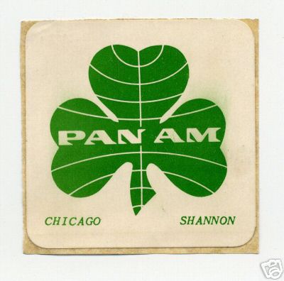 A 1960s Pan Am baggage sticker promoting service between Chicago, USA and Shannon, Ireland.